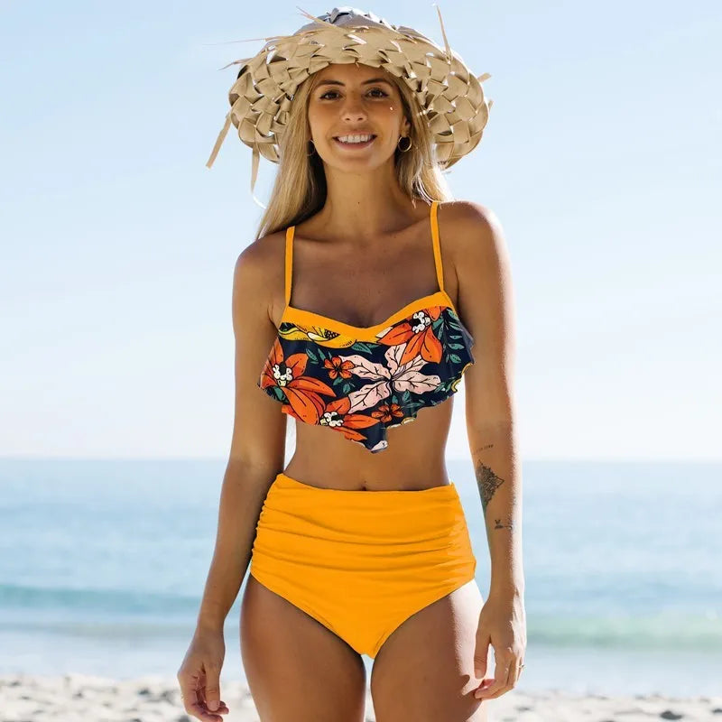 Green high-waist pleated bikini swimsuit for women on a mannequin.