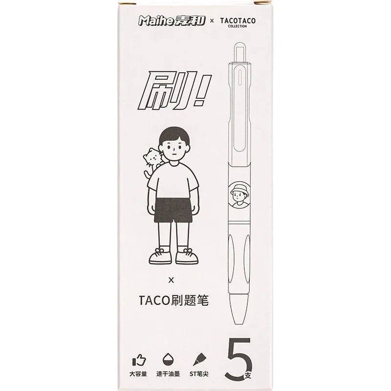 Five black ballpoint pens with white brush details and 0.5mm tips for exam writing