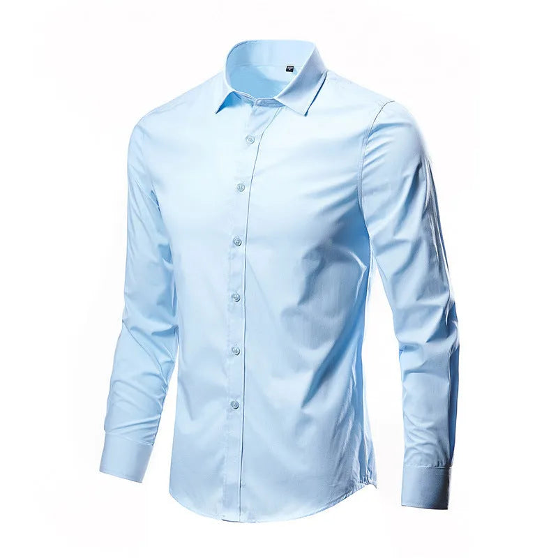 Man wearing a loose-fit long-sleeve linen shirt in a neutral colour, showcasing the casual fit and texture.
