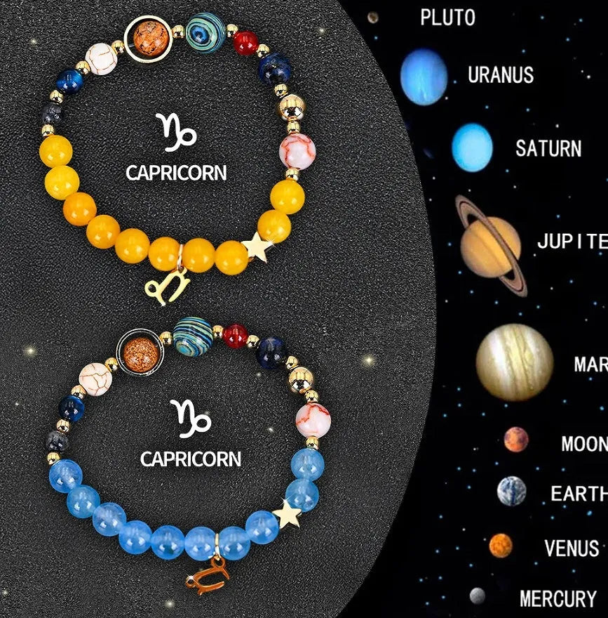 Two natural stone beaded bracelets for zodiac signs on a textured background.