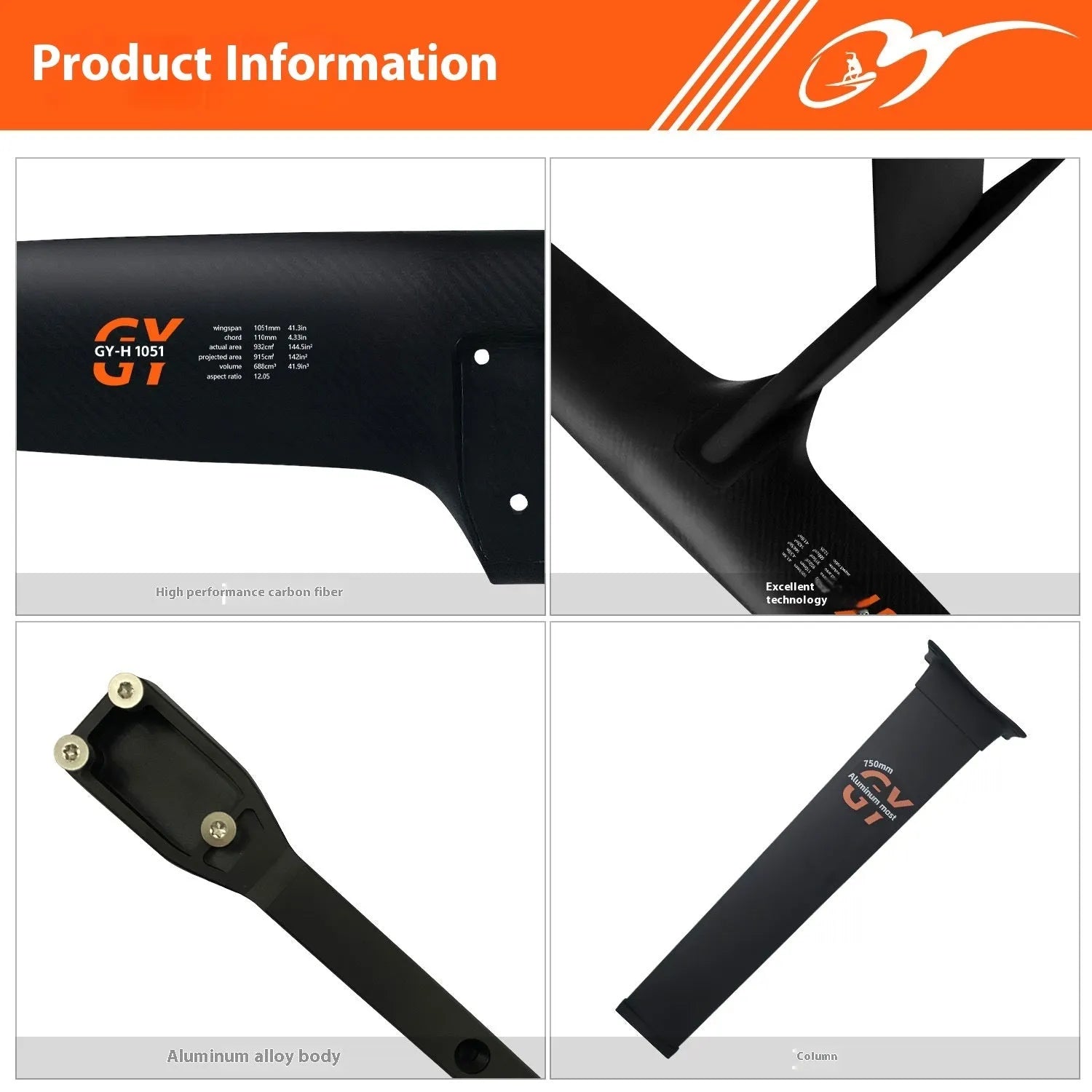 Black carbon fibre and aluminium alloy racing surf hydrofoil with a large 1051mm front wing.