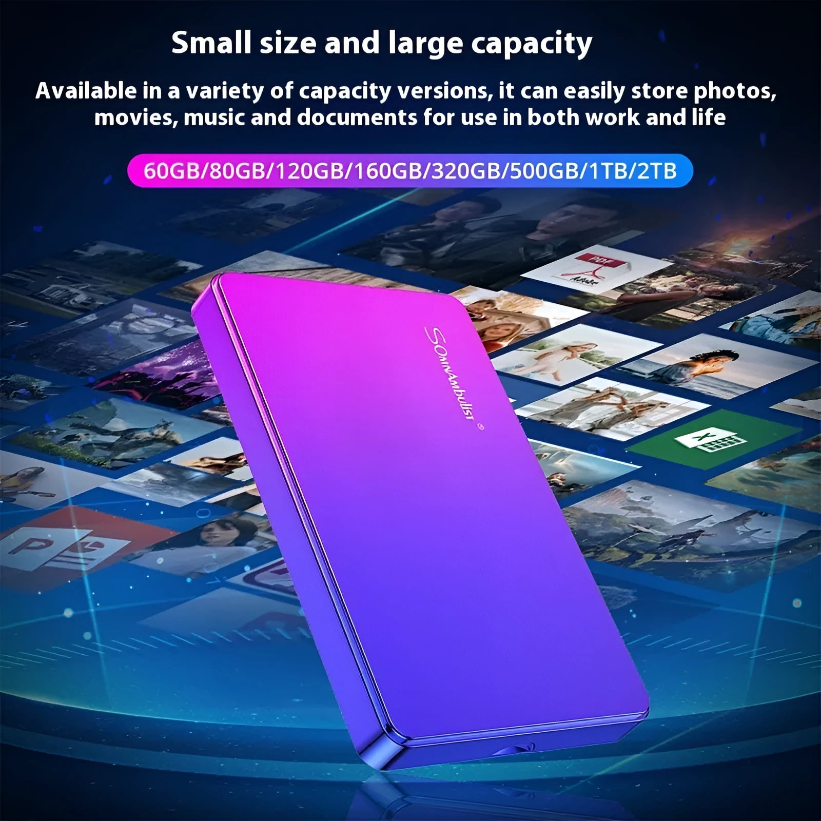 Purple 1TB external mobile hard disk with plastic shell and leather bag packaging on plain background
