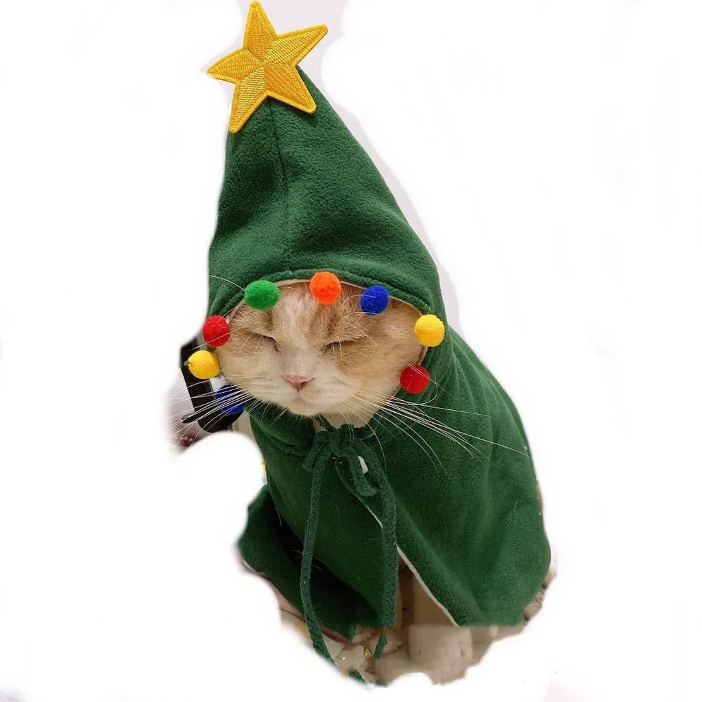 Cat and small dog festive cloak clothing in Christmas red, green and elk brown colours
