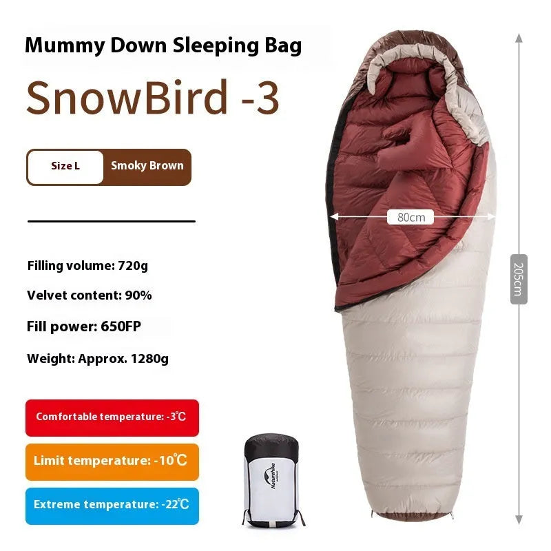 Goose down mummy sleeping bag for adults in storage bag