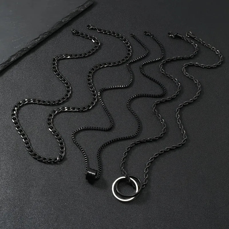 Men's black stainless steel necklace set with geometric titanium steel pendant.