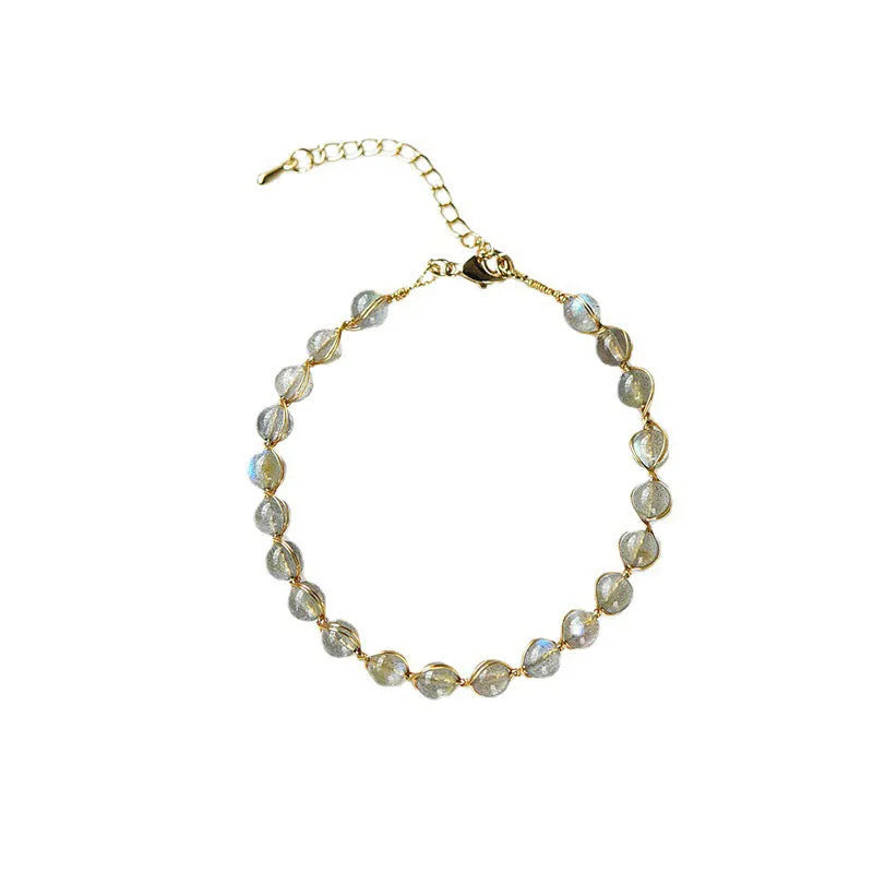 Blue moonstone bracelet with 6mm beads and 14K gilded metal setting