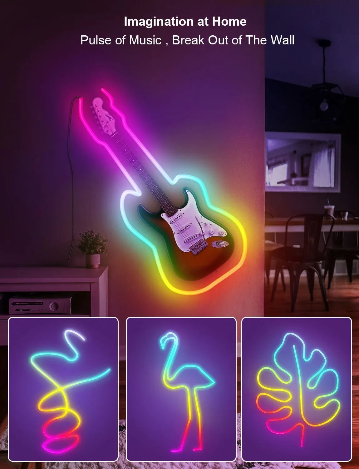 3-metre long flexible RGB LED neon light strip with remote control, showing colour-changing effects.