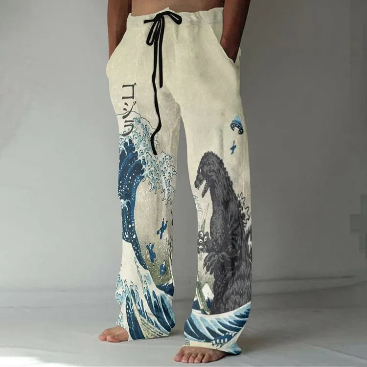 Plus size thin wide leg leisure men's trousers in mid waist straight leg style, polyester fabric, hot stamping craft, 8 colour options, size S to 4XL