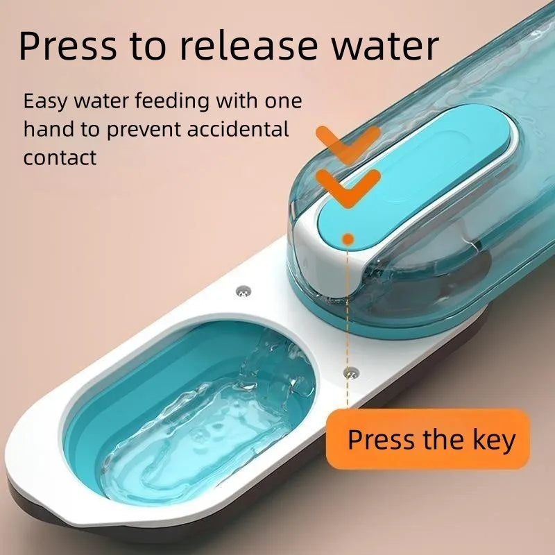Blue foldable portable dog water bottle with attached drinking bowl for outdoor use.