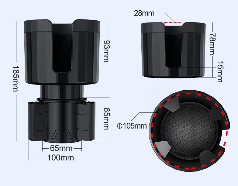Matte black car cup holder expander with adjustable base for large drink bottles and travel cups.