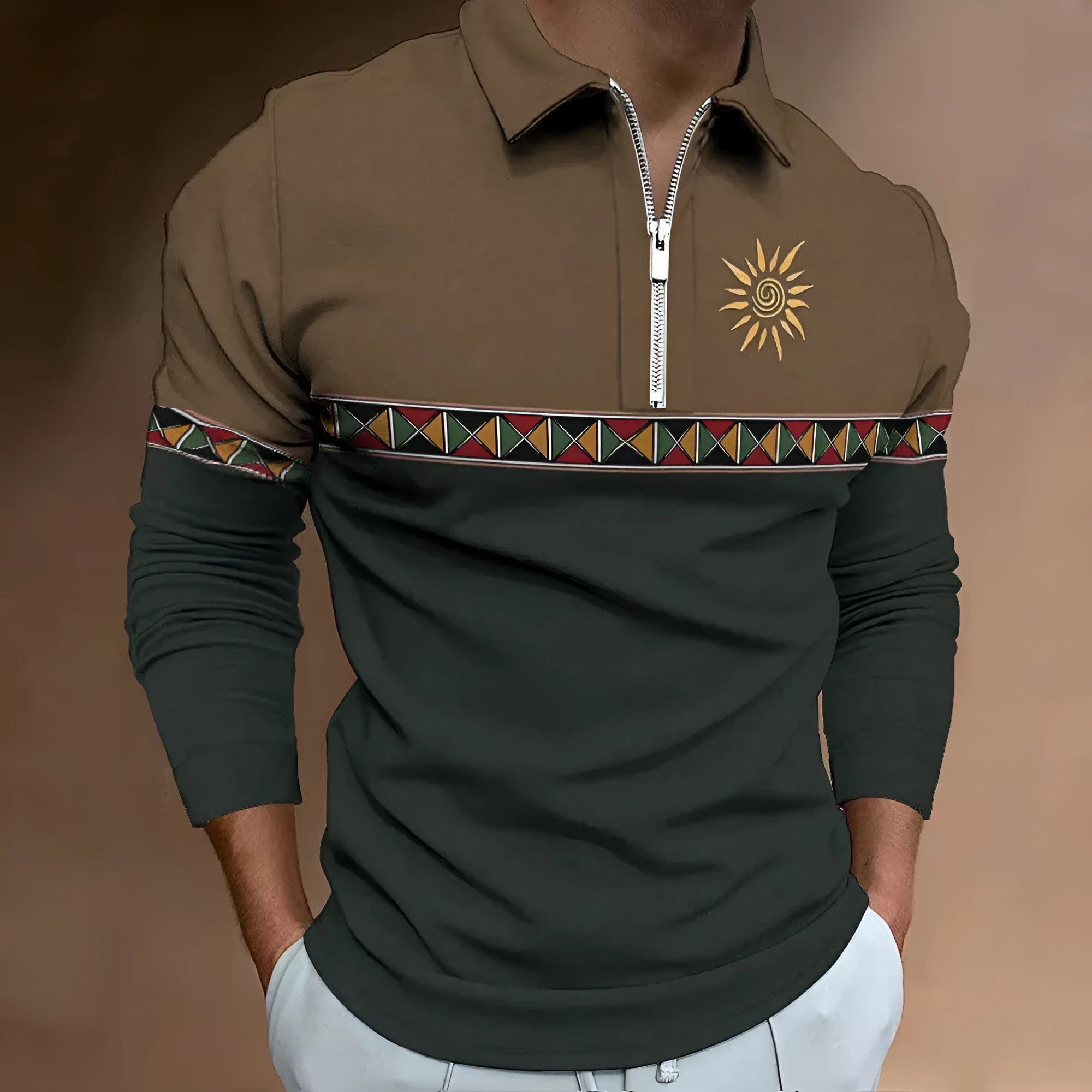 Men's striped loose-fit long sleeve t-shirt with retro colour printing and zipper detail on sleeve.