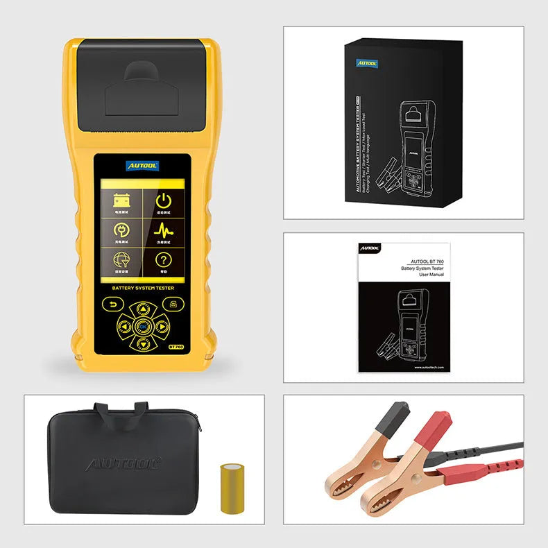 Autool BT760 colour screen vehicle battery tester with test clips and printed diagnostic receipt.