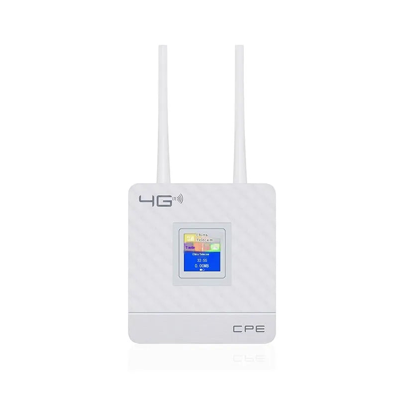 Compact white portable LTE router with two black external antennas standing upright.
