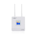 Compact white portable LTE router with two black external antennas standing upright.