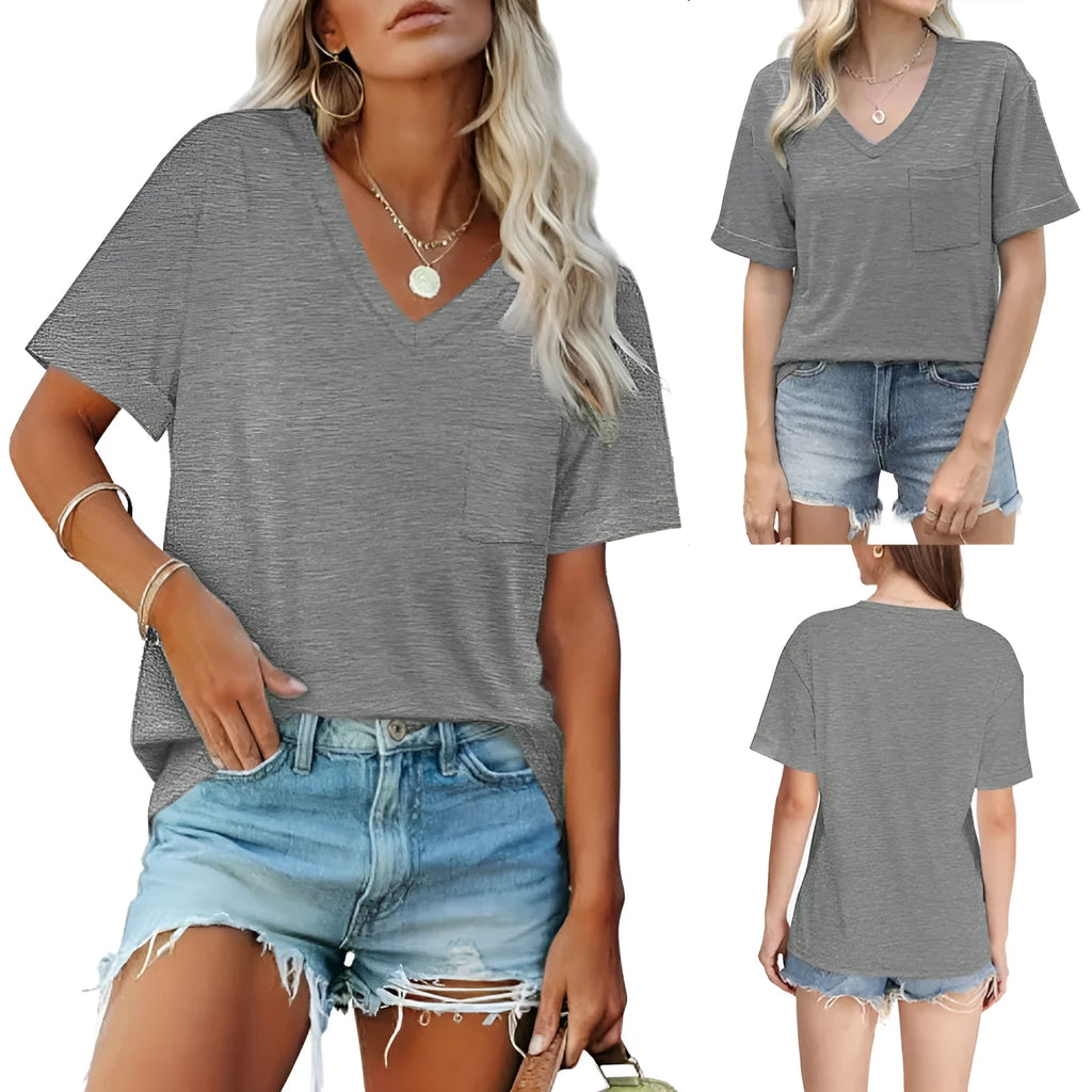 Grey loose fit V-neck T-shirt with short sleeves and a front chest pocket.