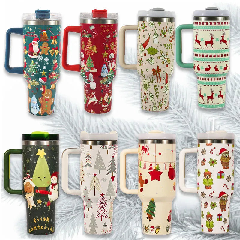 Christmas pattern stainless steel travel tumbler with handle and straw