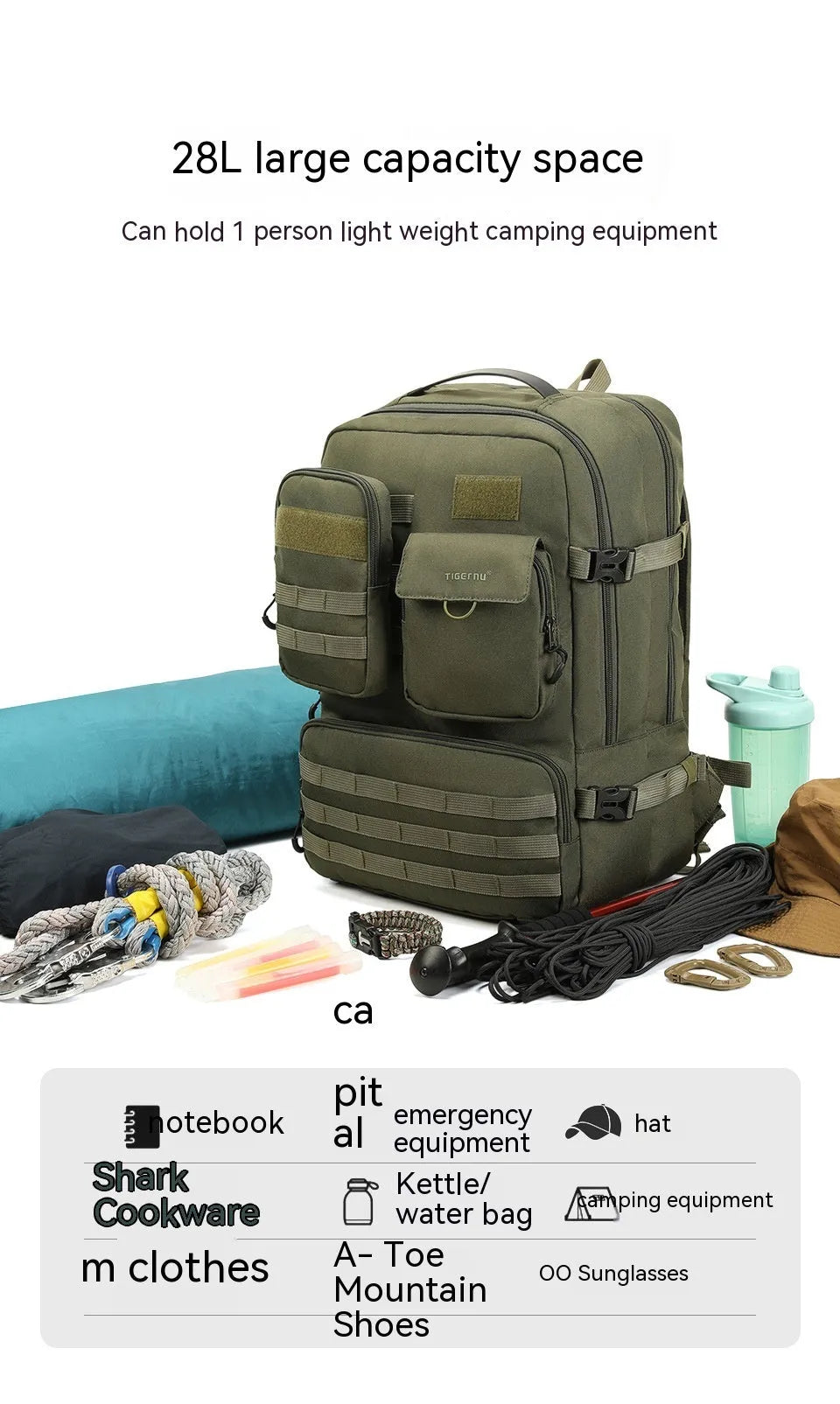 17-inch tactical backpack in army green with 20-35 litre capacity and waterproof nylon construction