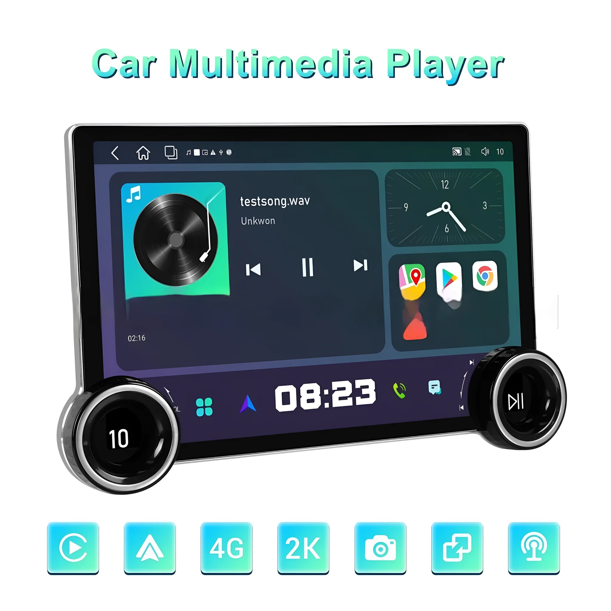 11.8-inch Android car stereo with dual control knobs on a QLED touchscreen display