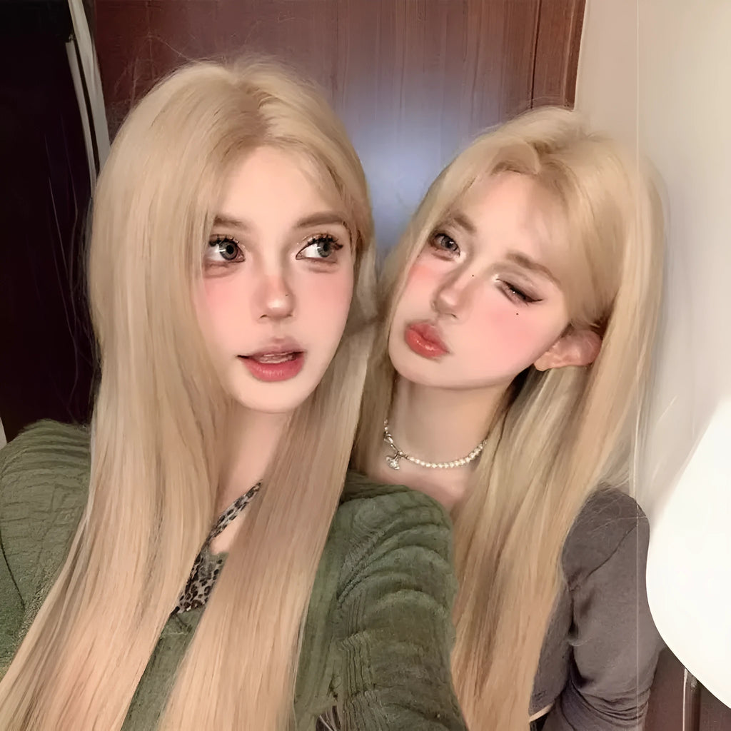 Women's long straight milk tea blonde gold wig with hair net on display