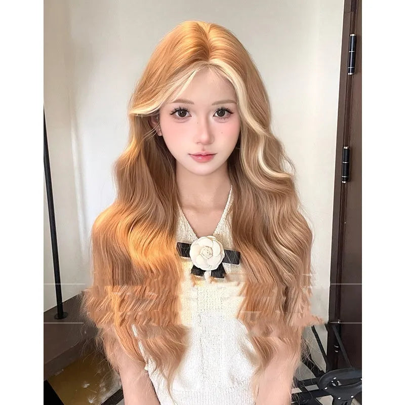 One-word lace long curly wig in American highlight gold colour with high-temperature fibre hair