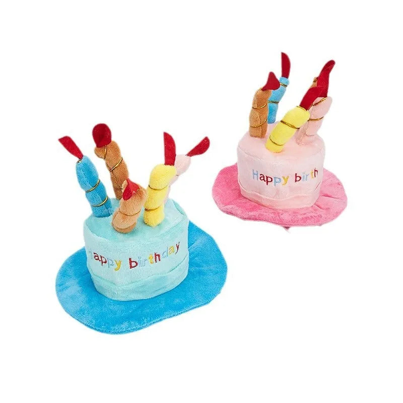 Blue and pink toy dog birthday hat measuring 21cm tall.