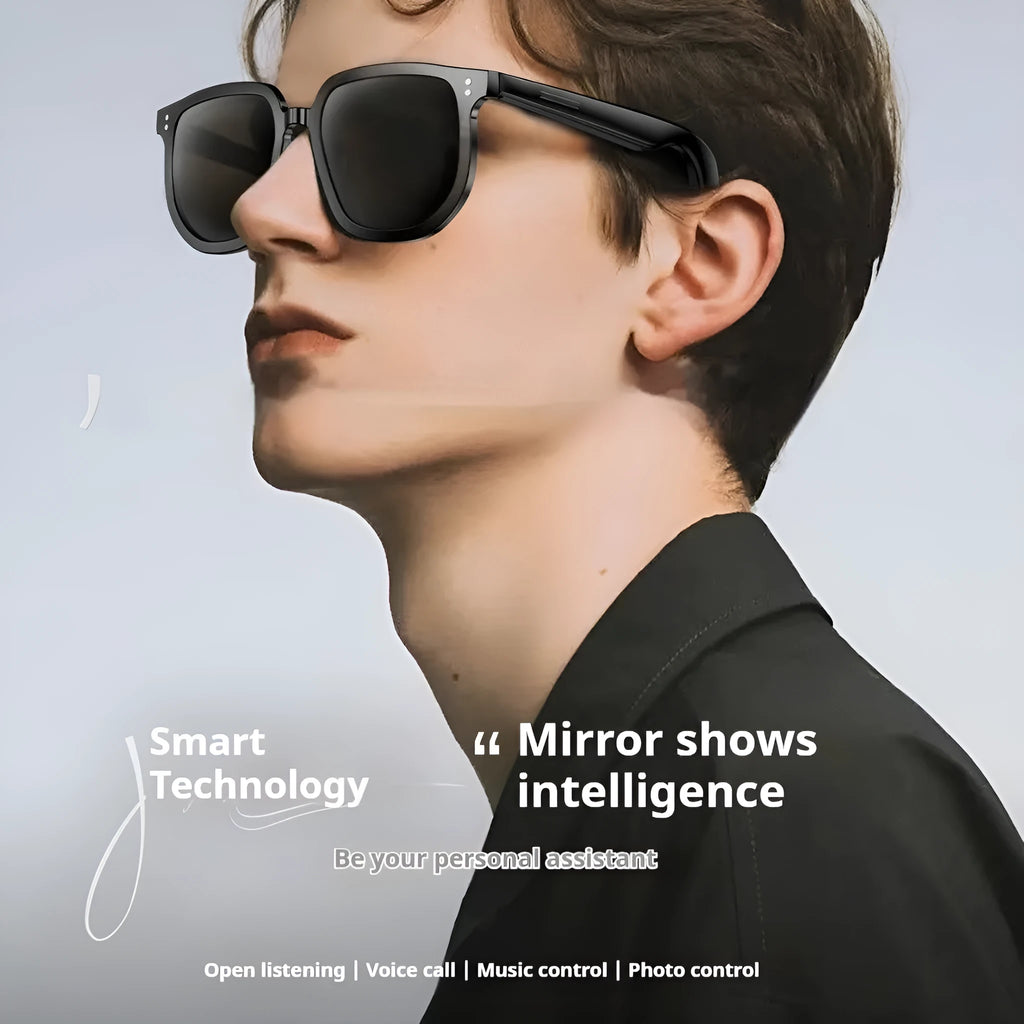 Black AI smart glasses with Bluetooth audio, touch controls, and UV protection lenses