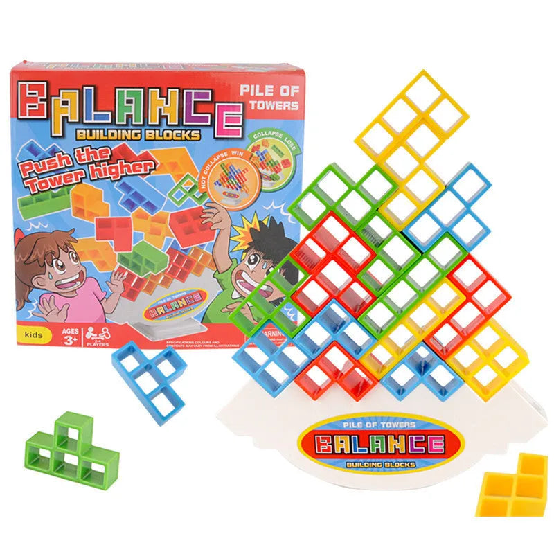 Plastic balance stacking board game with coloured blocks, chassis, and base for kids and adults.