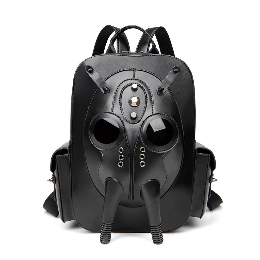 Black men's backpack with Gothic skull design featuring metal stud detailing and multiple compartments
