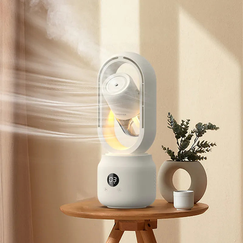 White bladeless table fan with humidifier mist spray and USB rechargeable battery on wooden desk