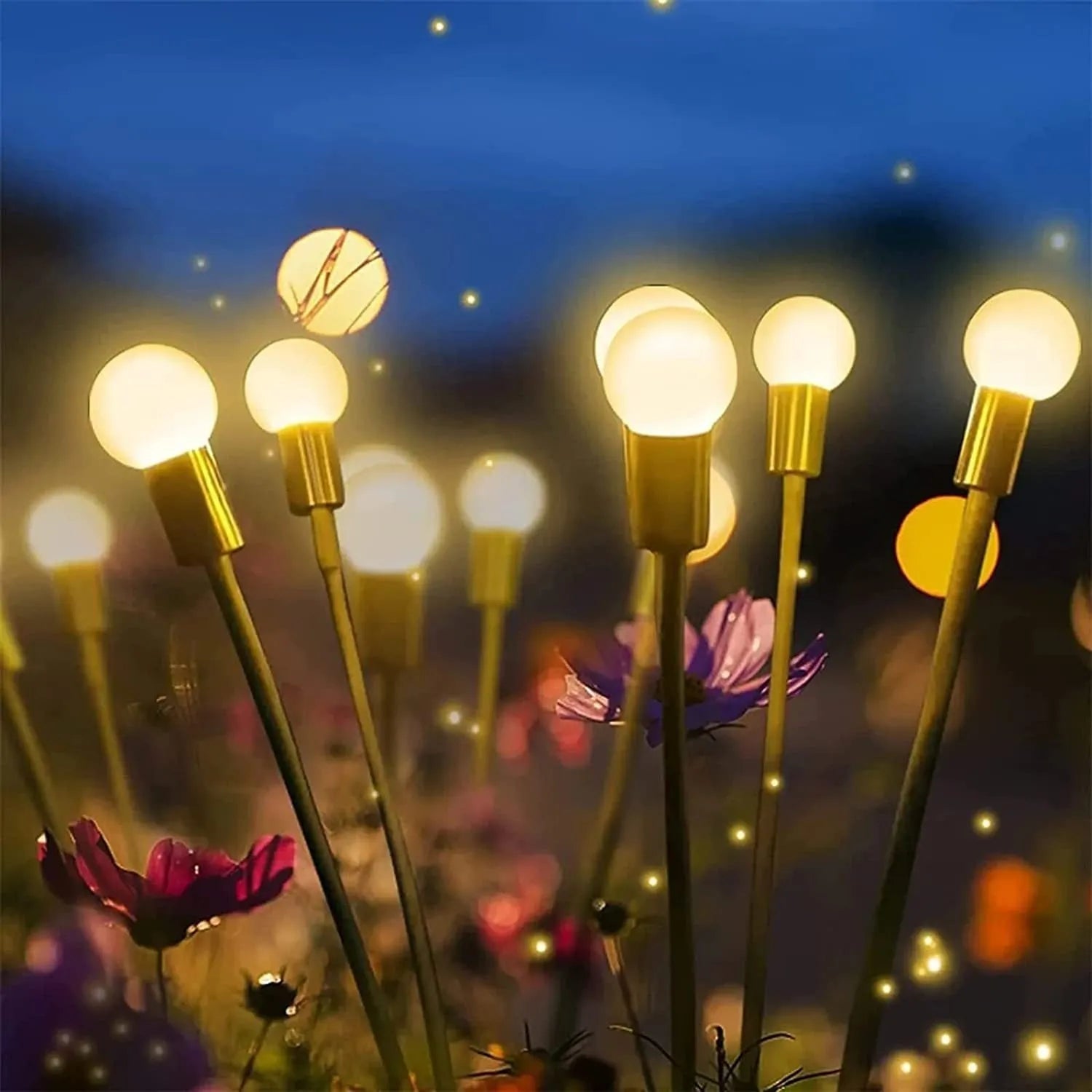 Solar-powered LED garden light with multiple heads on a stainless steel stake, placed in soil.