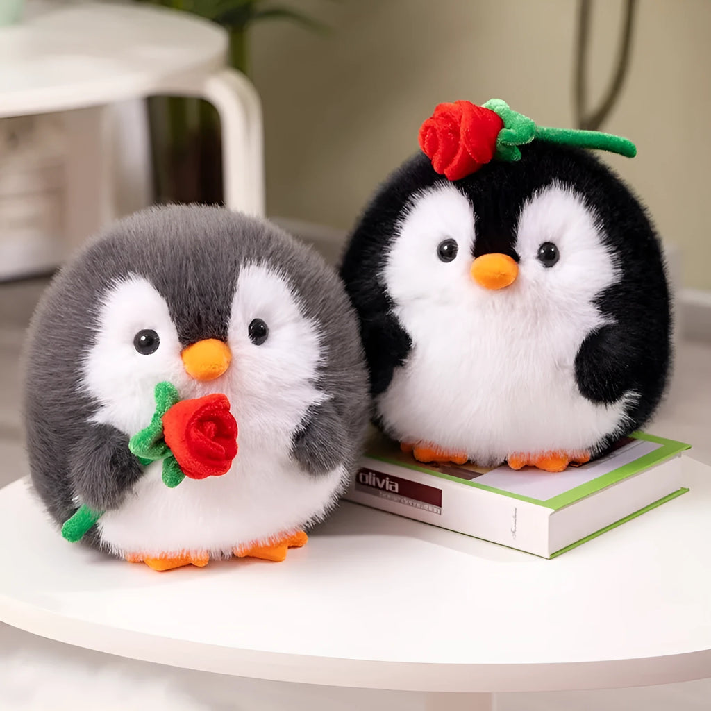 Cute rose penguin doll plush toy 20cm in black with rose decoration