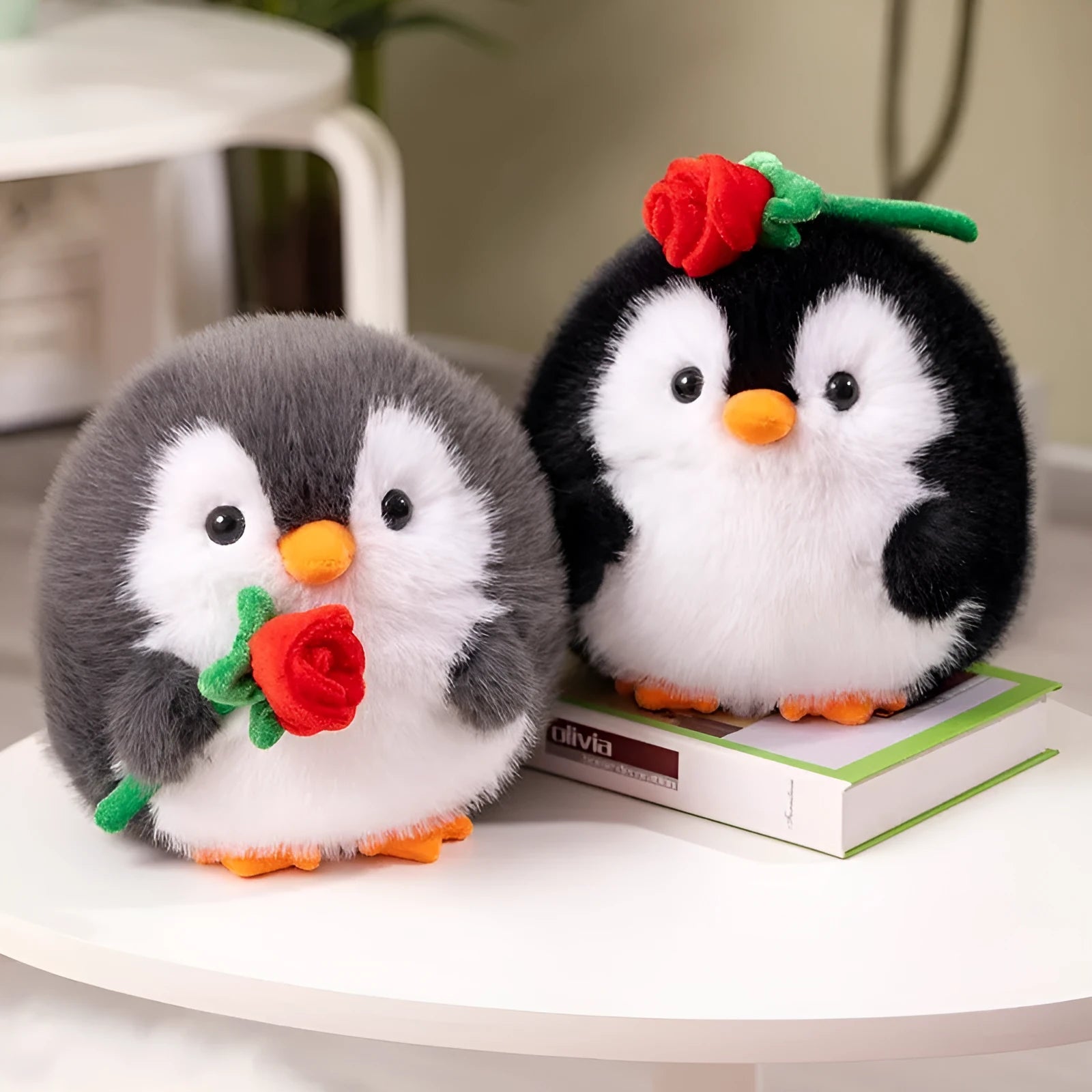 Cute rose penguin doll plush toy 20cm in black with rose decoration