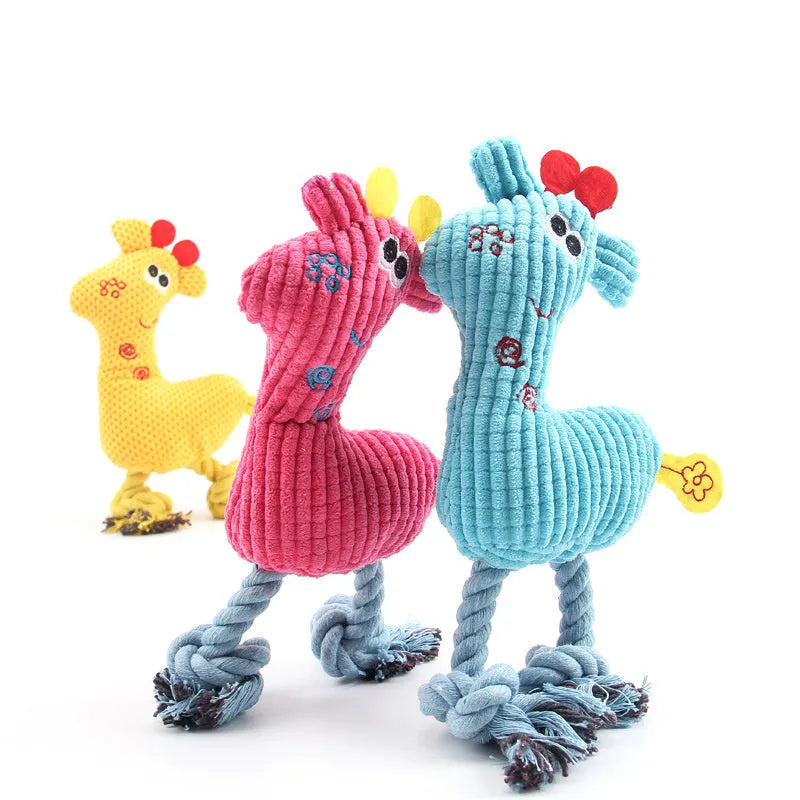 Blue deer-shaped plush pet toy with corn grain texture and squeaker sound feature