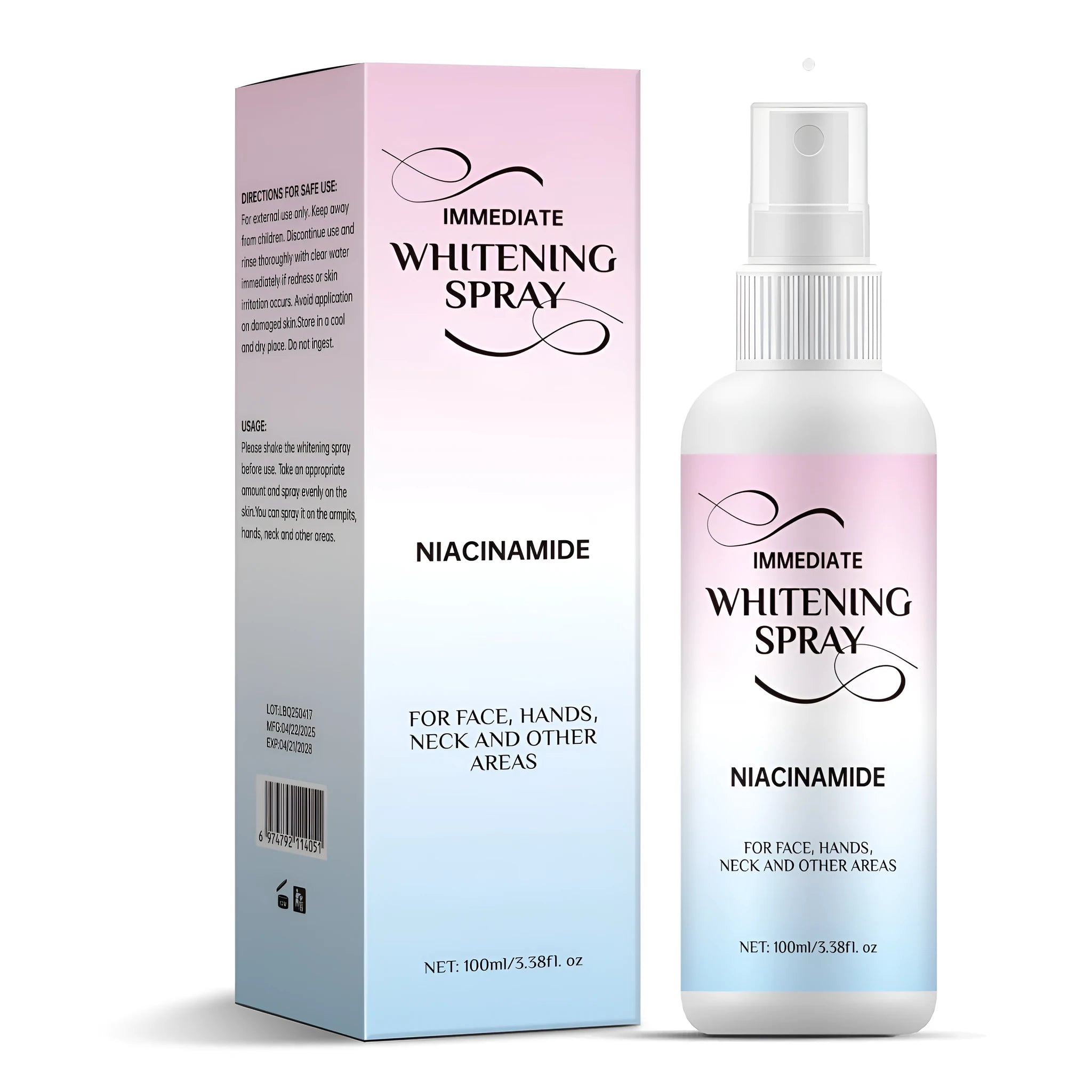 Portable 100ml whitening spray bottle for sweat-proof skin brightening.