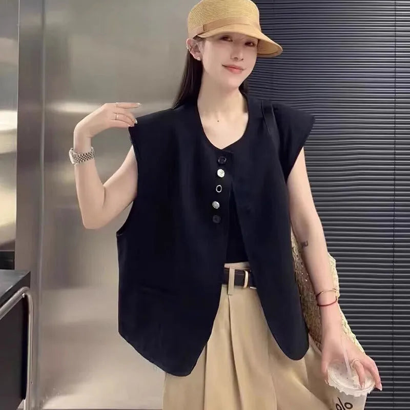 Women's loose-fit short vest in polyester, shown in milk white with side pockets.