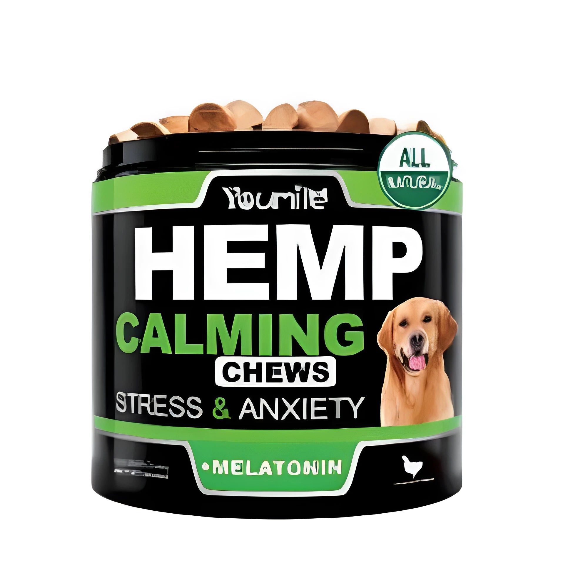 Pack of 120 chewable CBD oil supplement capsules in a bottle