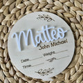 Square wooden newborn name plaque with birth information, 15cm, in three style options.