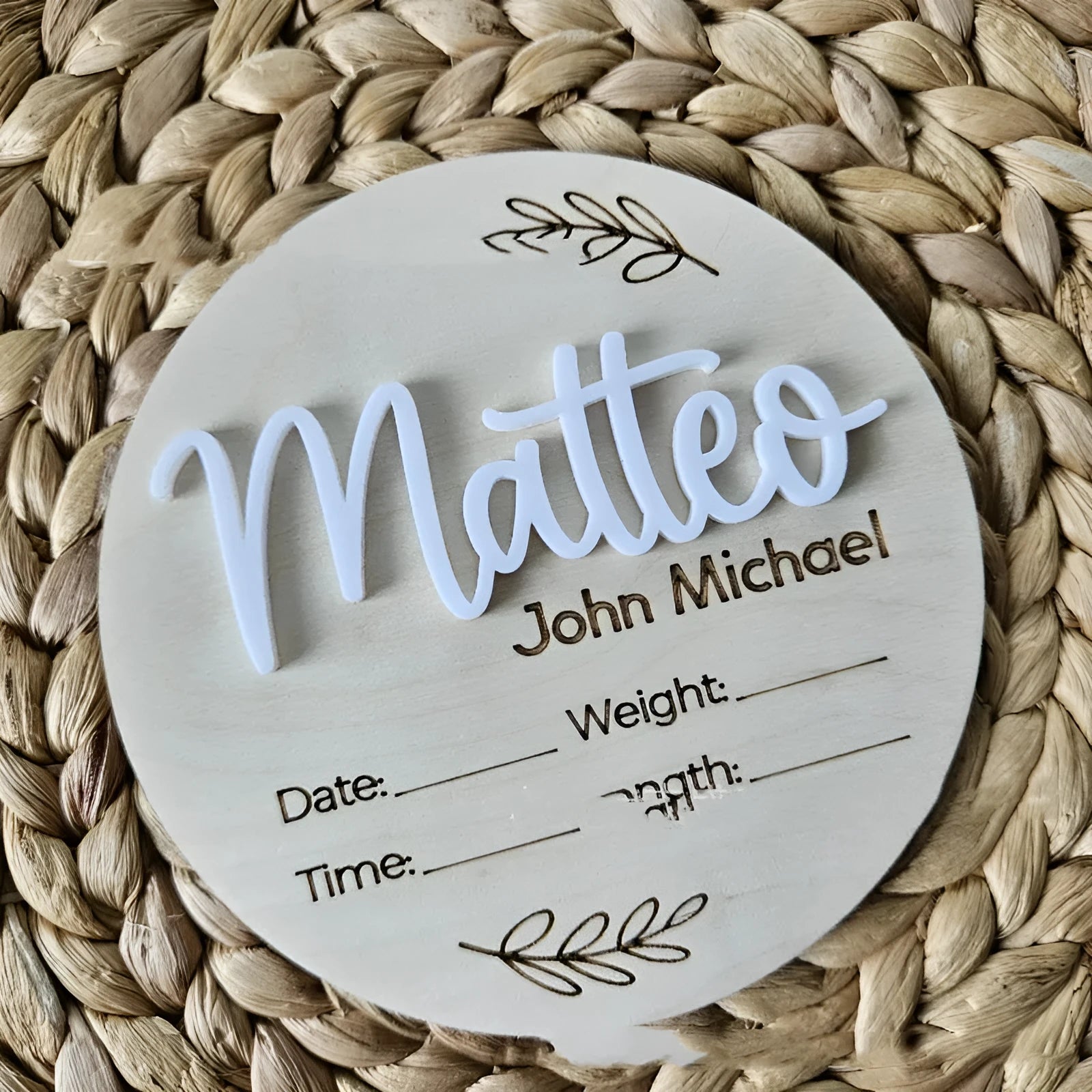 Square wooden newborn name plaque with birth information, 15cm, in three style options.