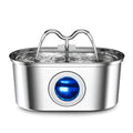 Stainless steel pet water dispenser with pump and filter components on a white background