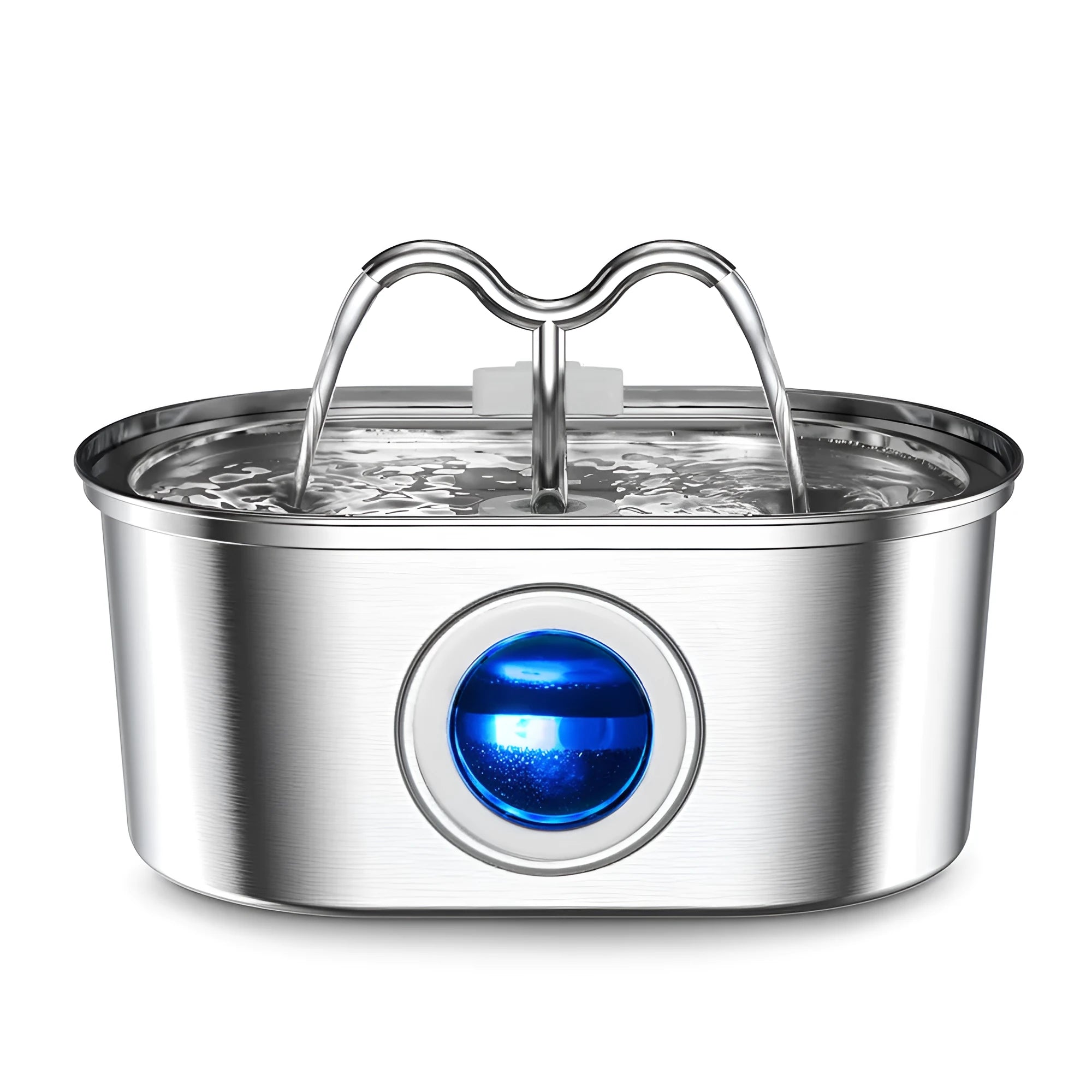 Stainless steel pet water dispenser with pump and filter components on a white background