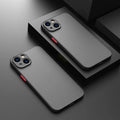 Black frosted hard protective iPhone case with fine hole skin-sensing design on a dark background.