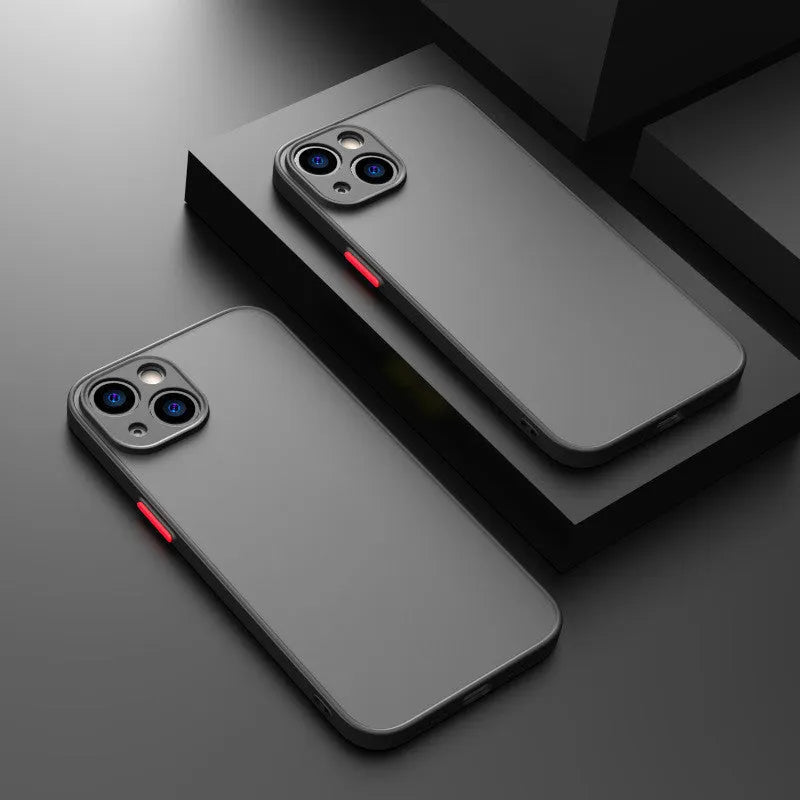 Black frosted hard protective iPhone case with fine hole skin-sensing design on a dark background.