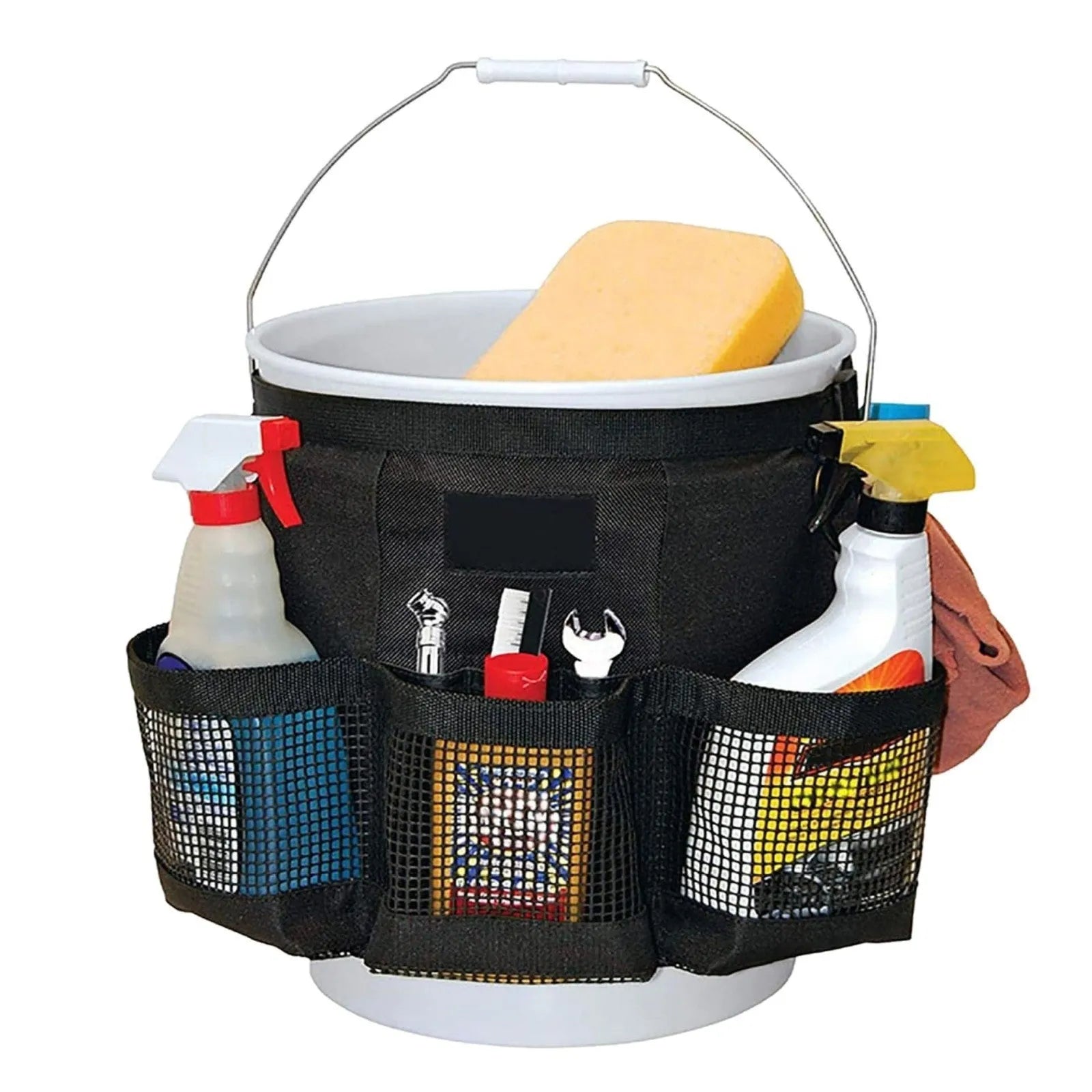 Black cylindrical polyester hanging storage bag designed for a 5-gallon barrel.