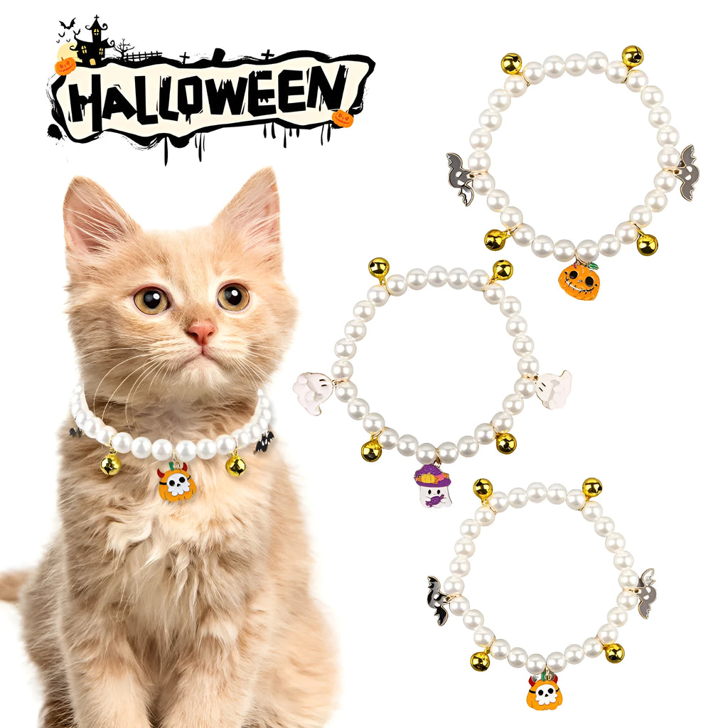Halloween cat collar with simulated pearl necklace decoration showing pumpkin designs including purple ghost, skull, and smiling pumpkin patterns