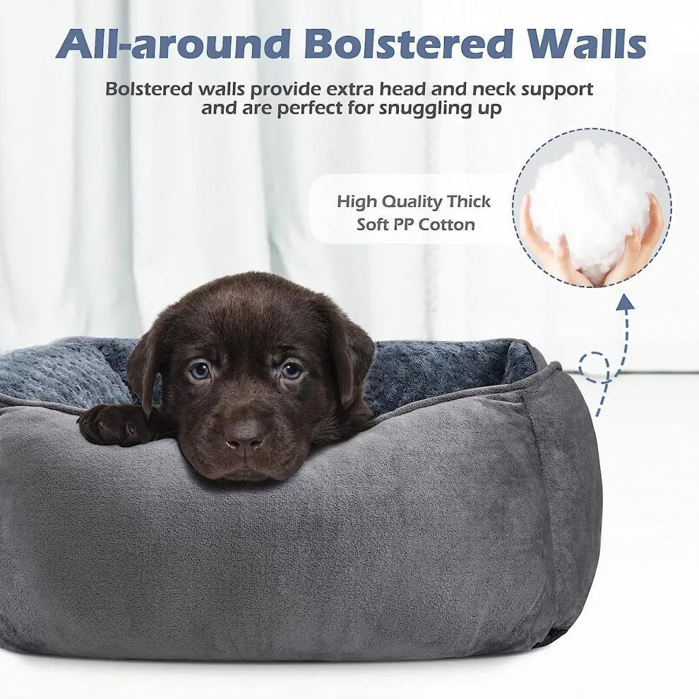 Beige plush kennel dog bed with stuffed Golden Retriever toy, suitable for small and large dogs.