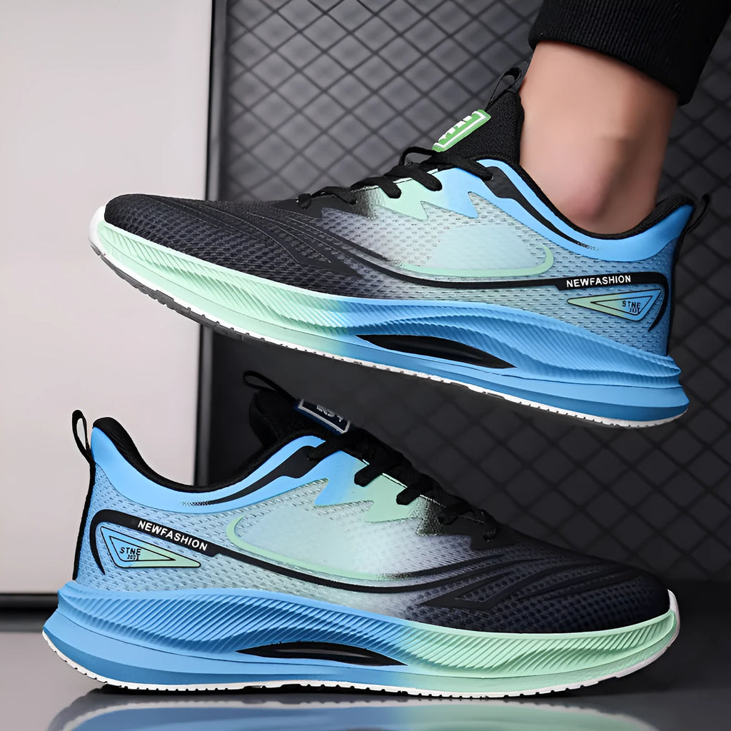 Men's woven mesh casual sneakers in black, black blue, and grey green colours with rubber sole