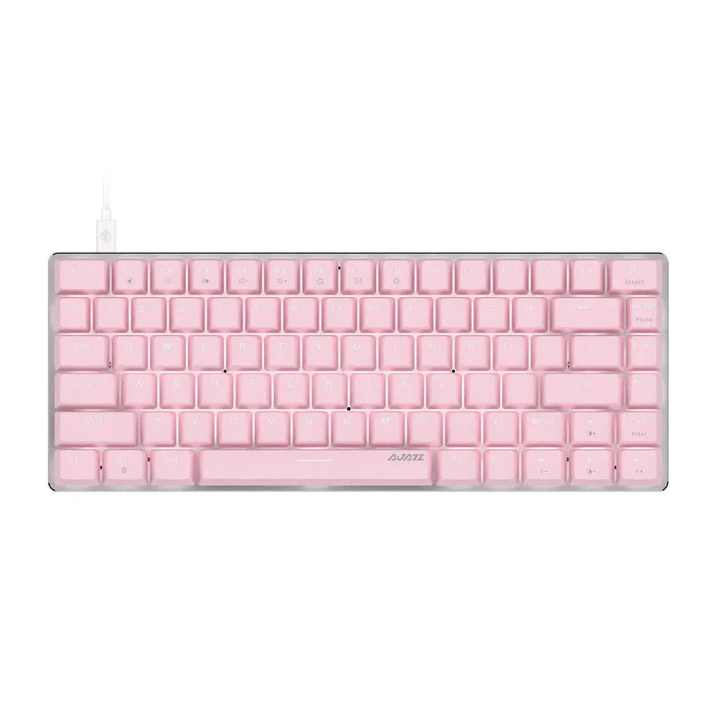 82-key mechanical keyboard with white backlight and metal housing beside laptop