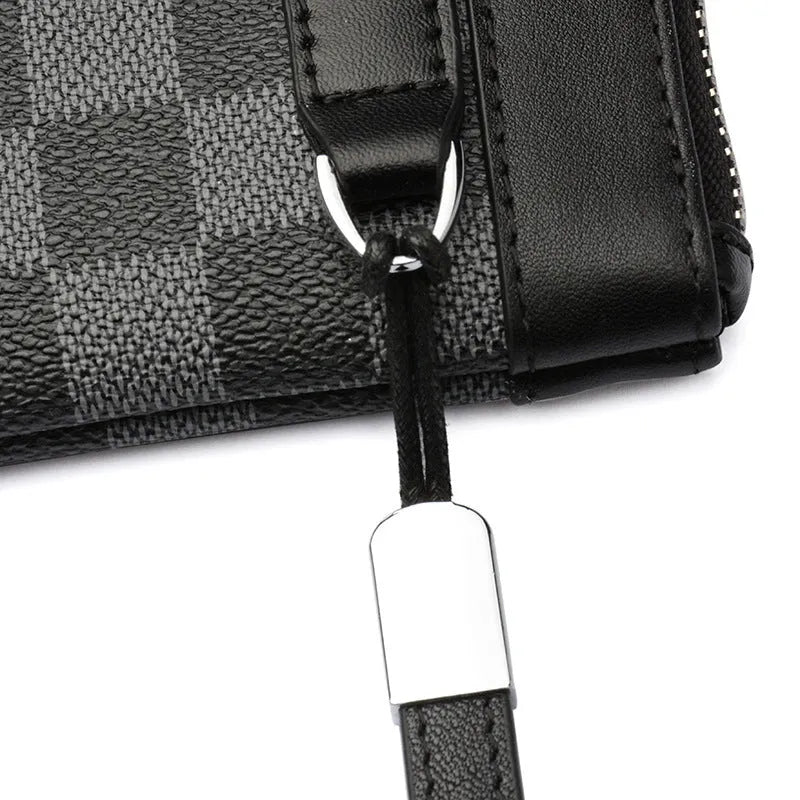 Black men's clutch wallet made of cowhide leather, shown with dimensions 20cm by 10cm.