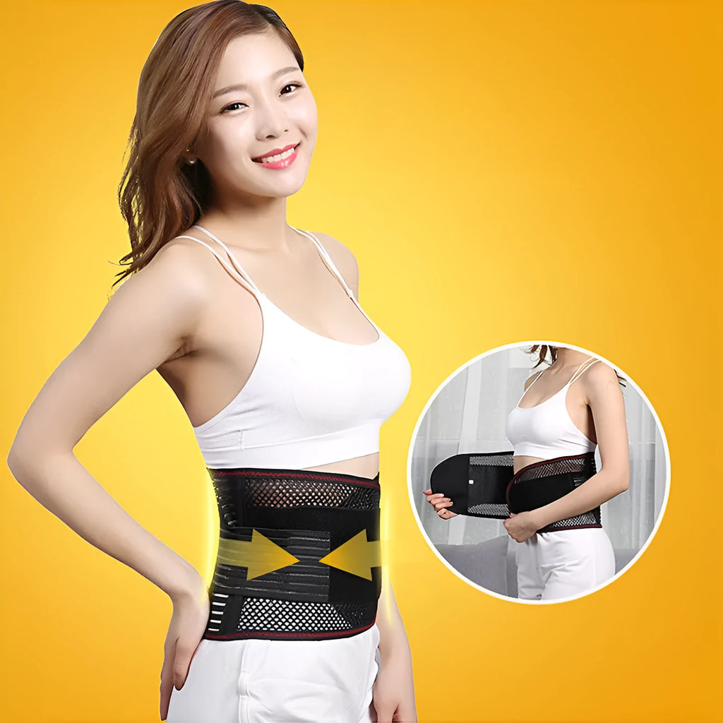 Black breathable sports waist support with internal steel plate for lumbar protection during fitness activities