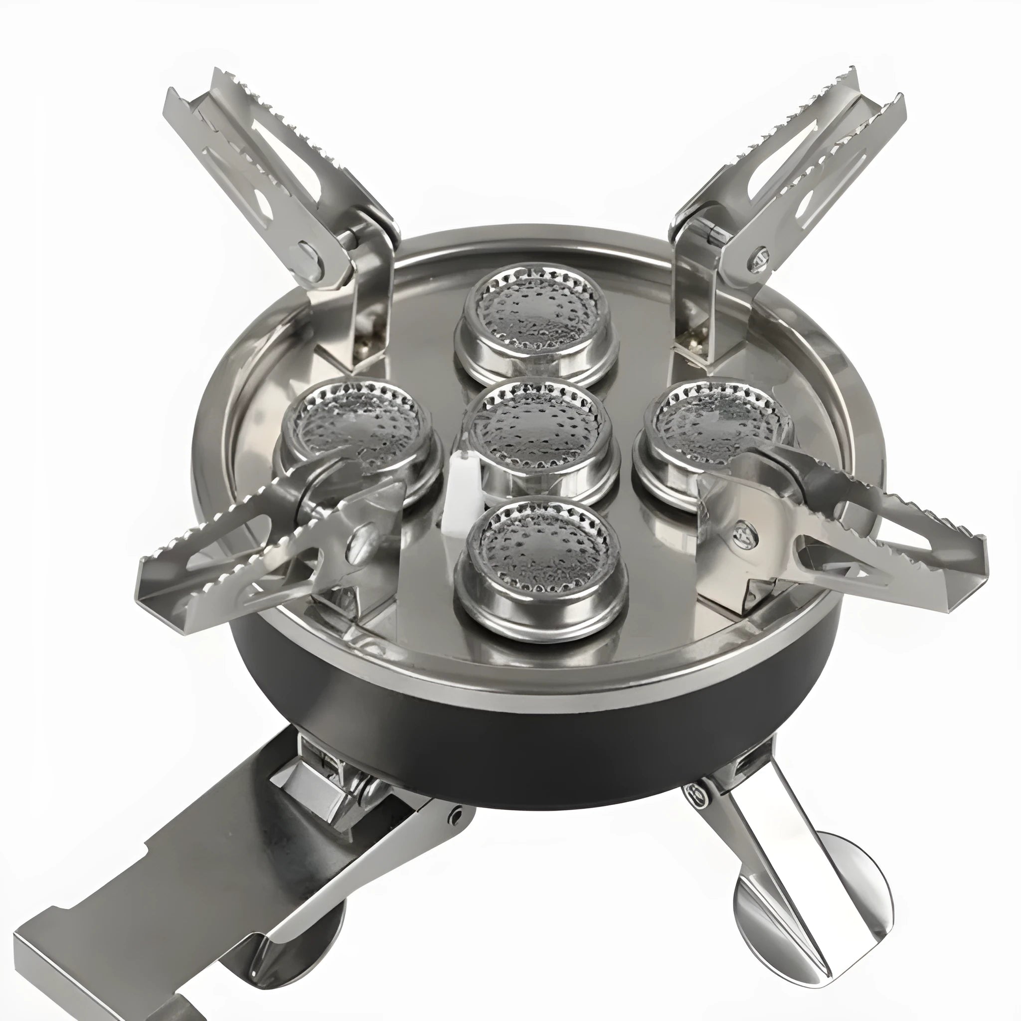Silver portable split camping stove with foldable legs and a long black hose, on a grass background.